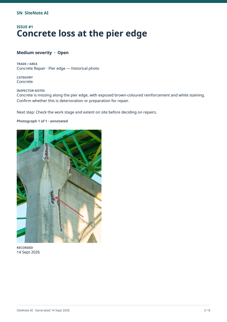 Actual report page with the pier-edge observation, inspector notes and annotated photograph