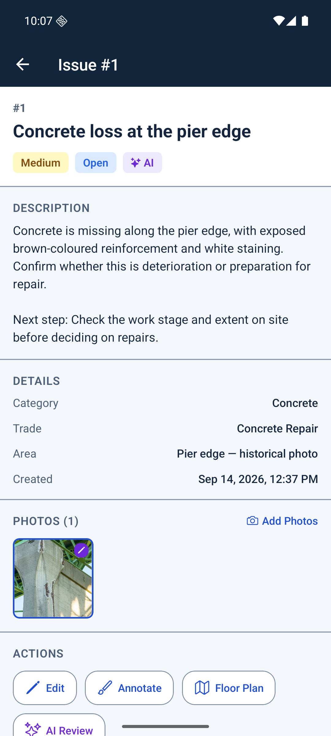 Real Android observation showing the inspector-reviewed pier-edge note beside its evidence